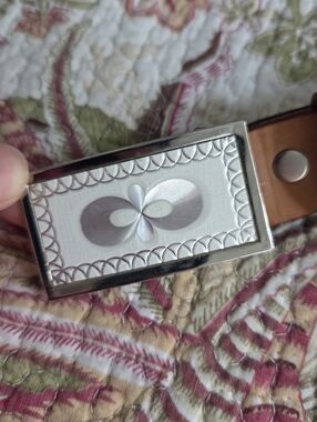 Looper Silver Accent Rectangular Buckle Belt with White Inlay Tooled 40 Flaw